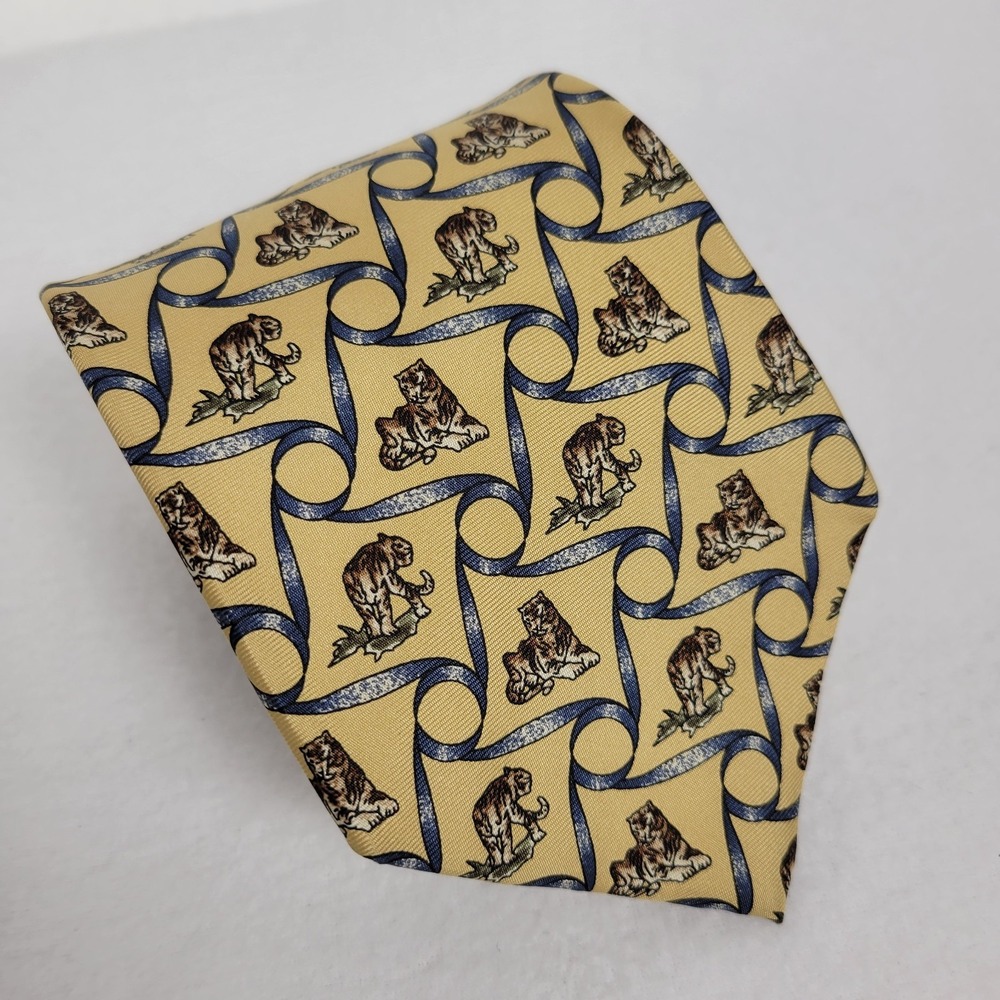 Vintage Bert Pulitzer Silk Necktie USA Yellow Blue Safari Tiger Novelty 80s 90s